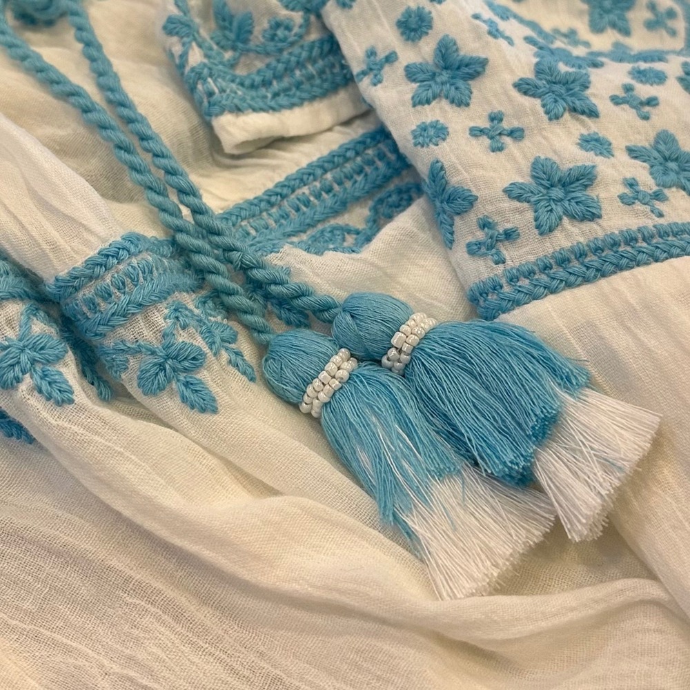 Soft Surroundings Maxi Dress Boho Sz M White Blue Embroidered Cotton Tassels - Picture 4 of 8